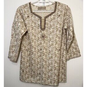 Camie Embroidered Tunic Top Medium Beaded Boho India Cream Gold
